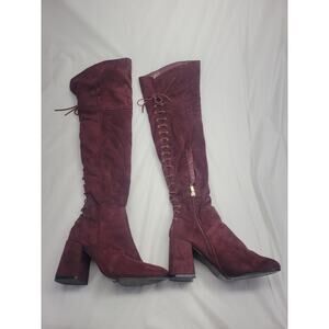 Indulge Size 7 Suede High Heel Over The Knee Boots Lace Up Zip Burgundy Maroon